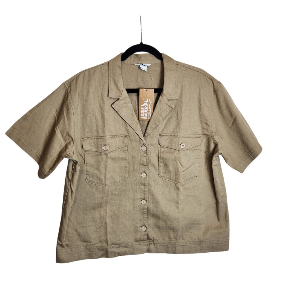 Eddie Bauer Womens Everyday Cotton Short Sleeve Shirt Tan Utility Top TL